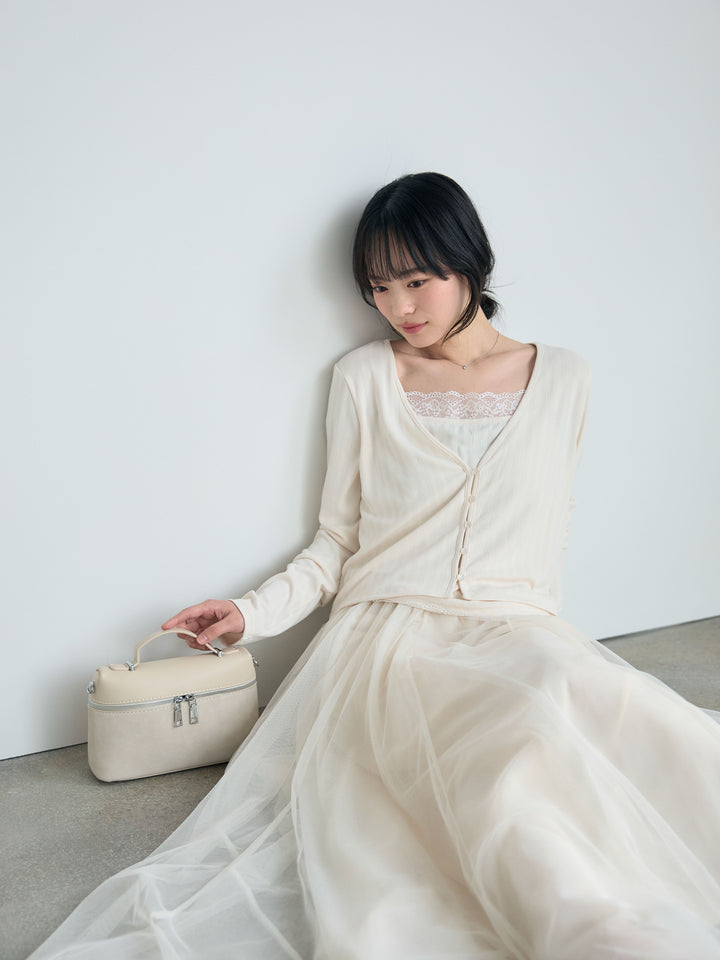 【SET】アイレットリブカーディガン&レースデザインキャミソールSET+ボリュームチュールスカート(2set)