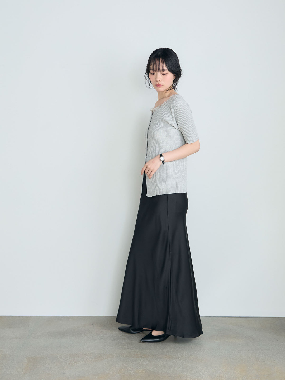 レースドッキング5部袖リブカーディガン