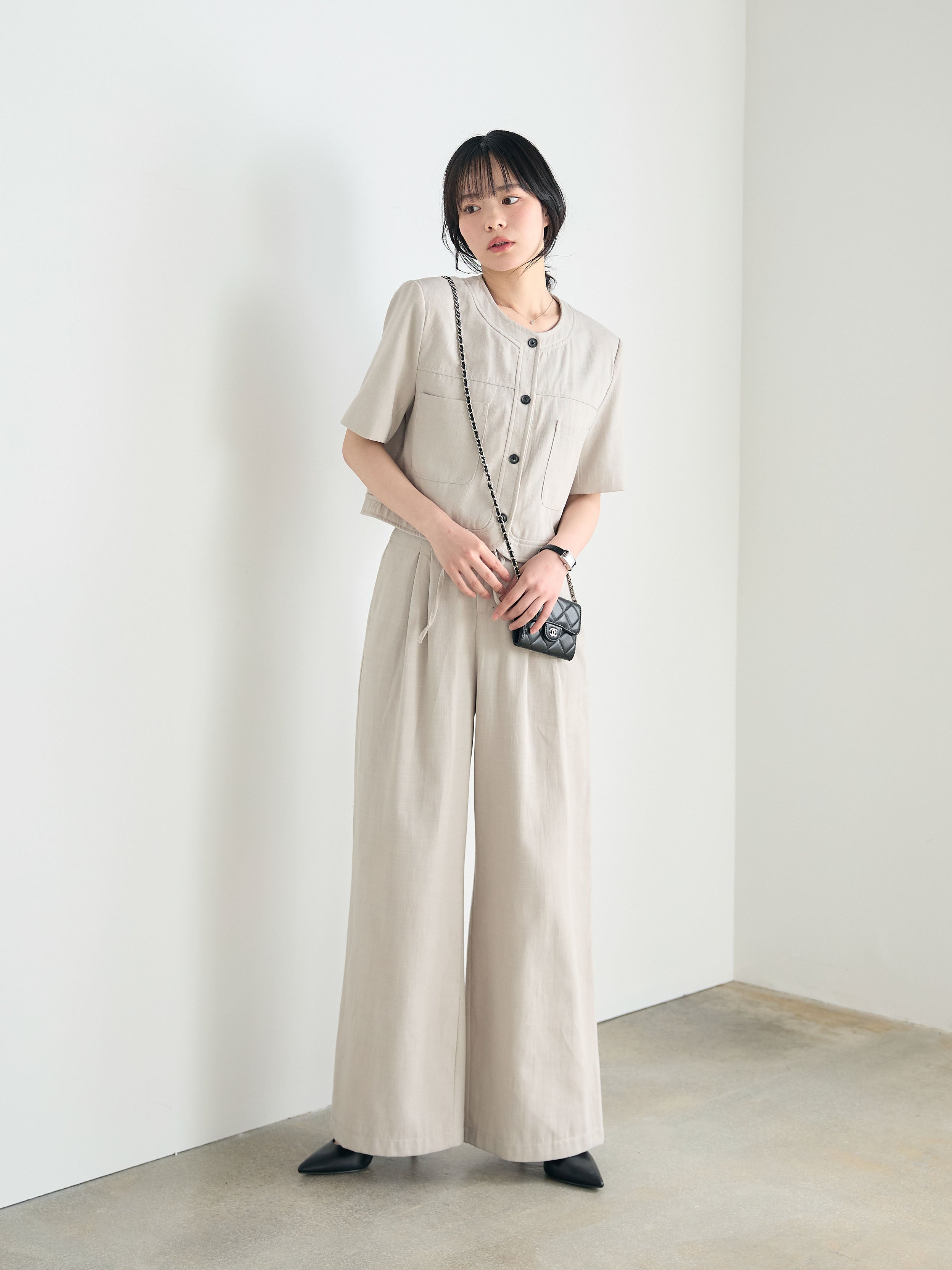 SET】ダブルポケットショートジャケット+タックストレートパンツ(2set
