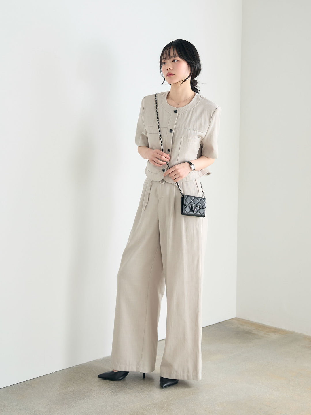 【SET】ダブルポケットショートジャケット+タックストレートパンツ(2set)