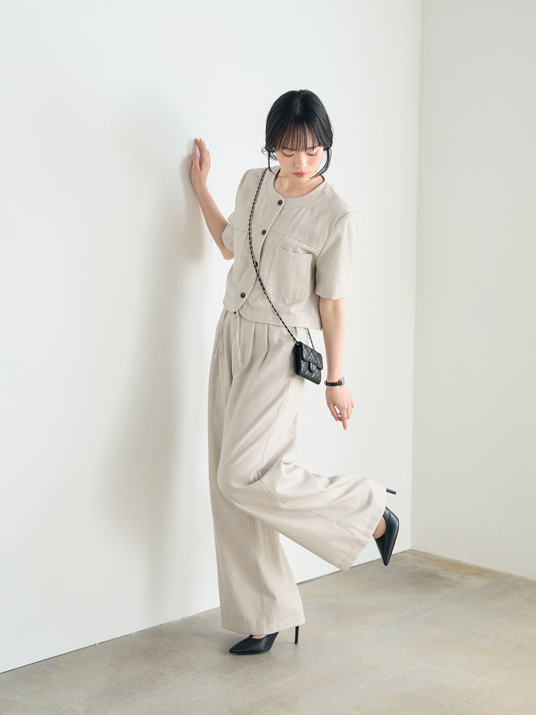 【SET】ダブルポケットショートジャケット+タックストレートパンツ(2set)