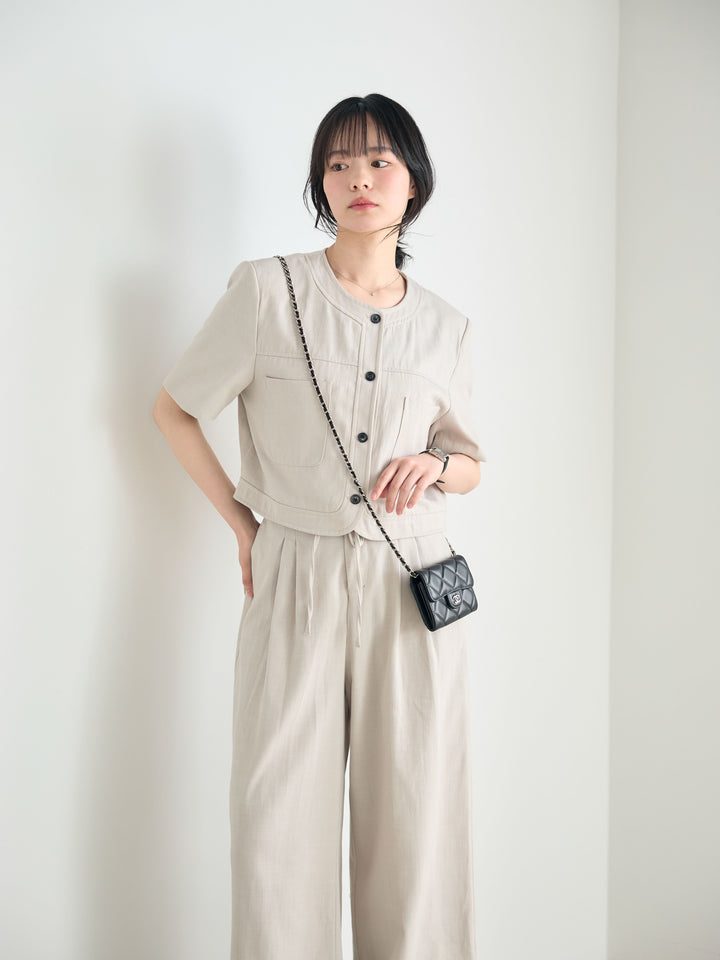 【SET】ダブルポケットショートジャケット+タックストレートパンツ(2set)