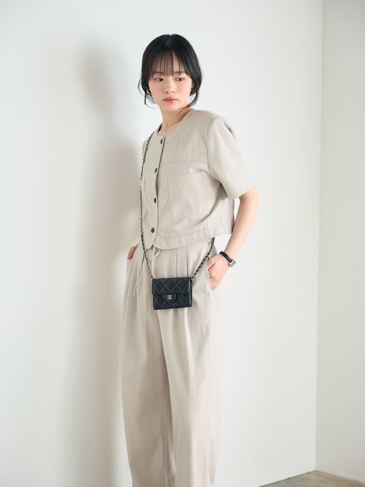 【SET】ダブルポケットショートジャケット+タックストレートパンツ(2set)