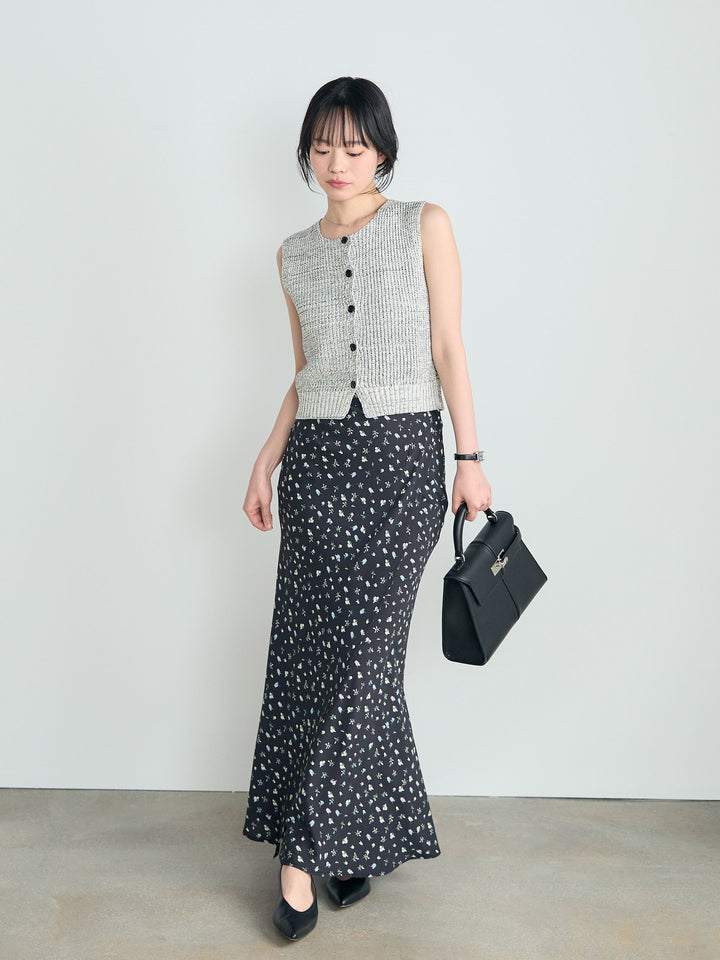 【SET】フロントボタンノースリニットベスト+【Essential】Wrap design satin mermaid skirt(2set)
