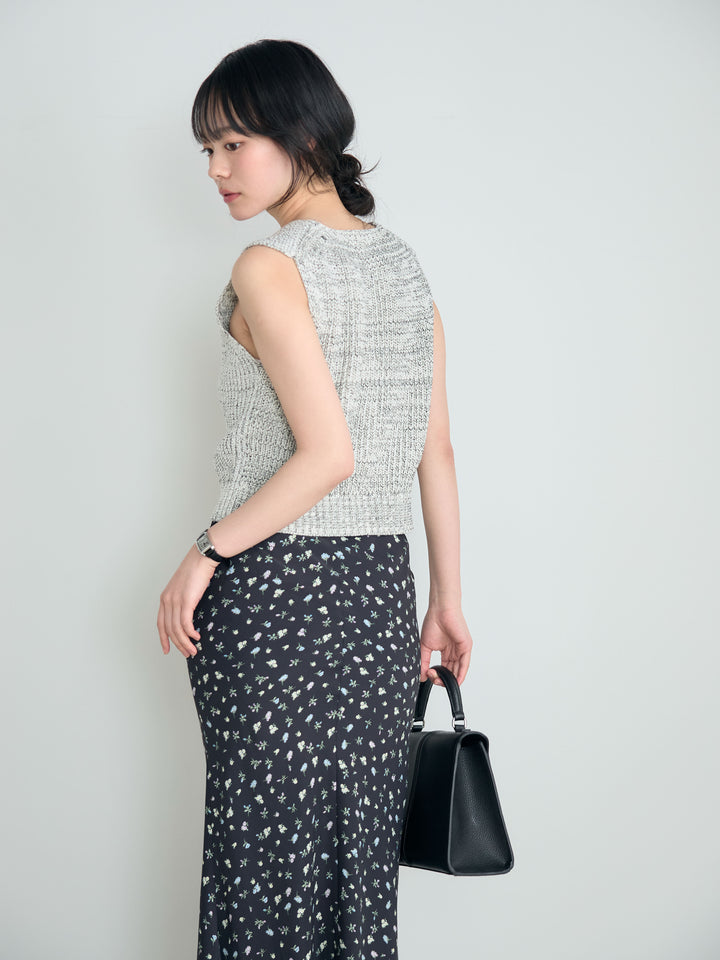 【SET】フロントボタンノースリニットベスト+【Essential】Wrap design satin mermaid skirt(2set)