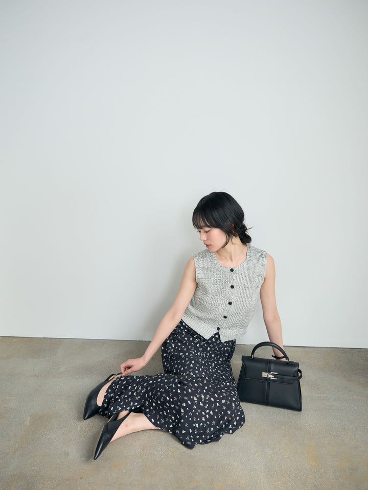 【SET】フロントボタンノースリニットベスト+【Essential】Wrap design satin mermaid skirt(2set)