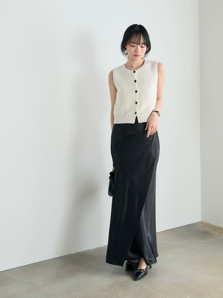 【SET】フロントボタンノースリニットベスト+【Essential】Wrap design satin mermaid skirt(2set)
