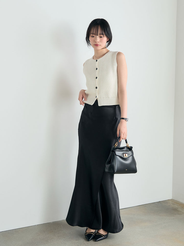 【SET】フロントボタンノースリニットベスト+【Essential】Wrap design satin mermaid skirt(2set)