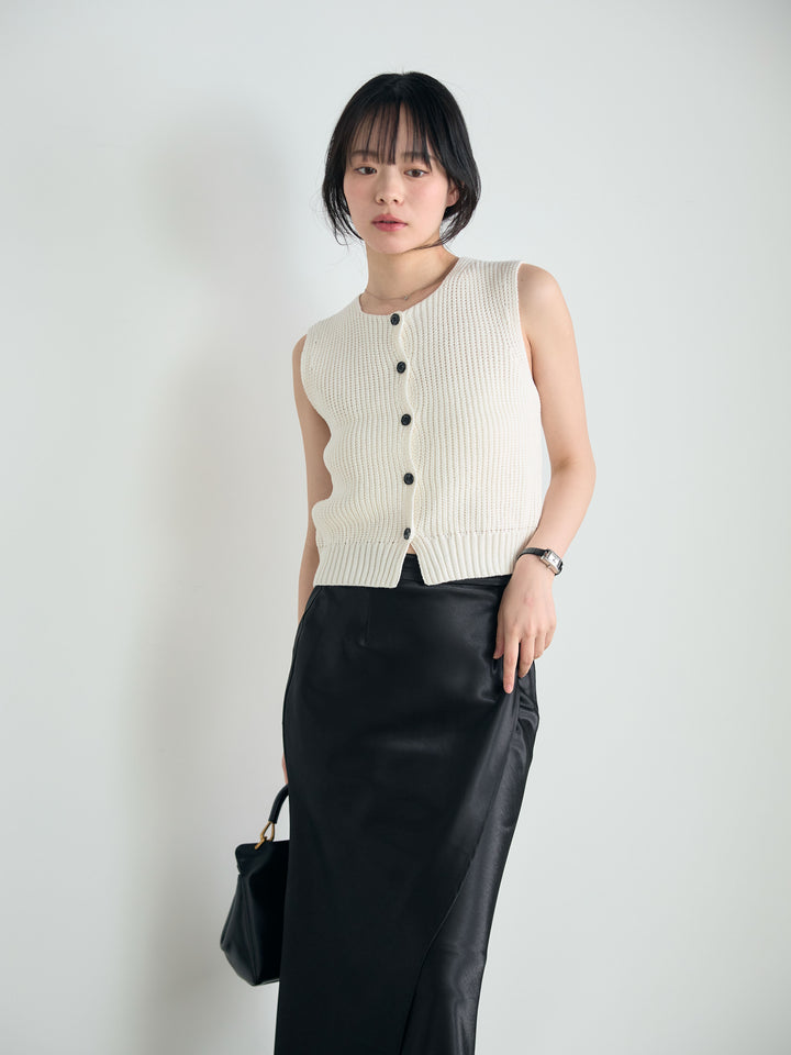 【SET】フロントボタンノースリニットベスト+【Essential】Wrap design satin mermaid skirt(2set)