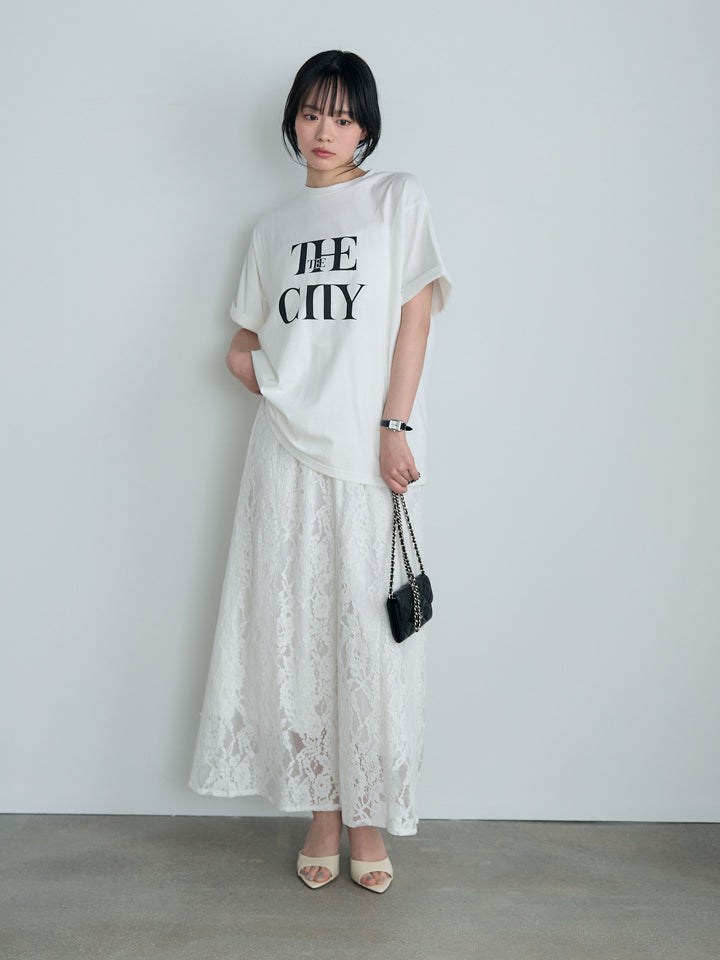 【SET】【cool touch】ロゴプリントコットンTシャツ+フラワージャガードソフトAラインスカート(2set)