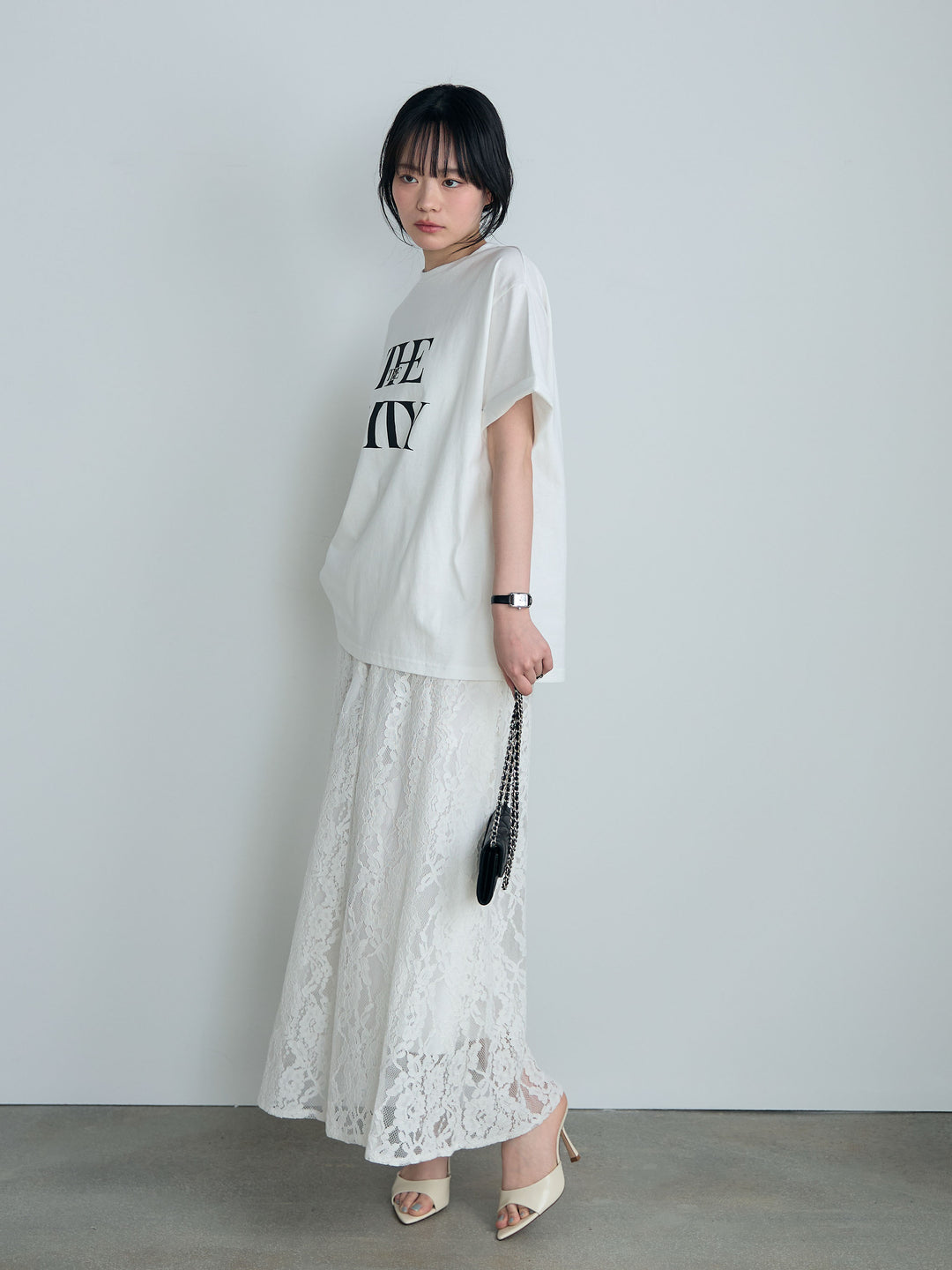 【SET】【cool touch】ロゴプリントコットンTシャツ+フラワージャガードソフトAラインスカート(2set)