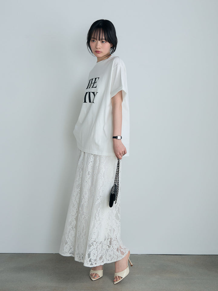 【SET】【cool touch】ロゴプリントコットンTシャツ+フラワージャガードソフトAラインスカート(2set)