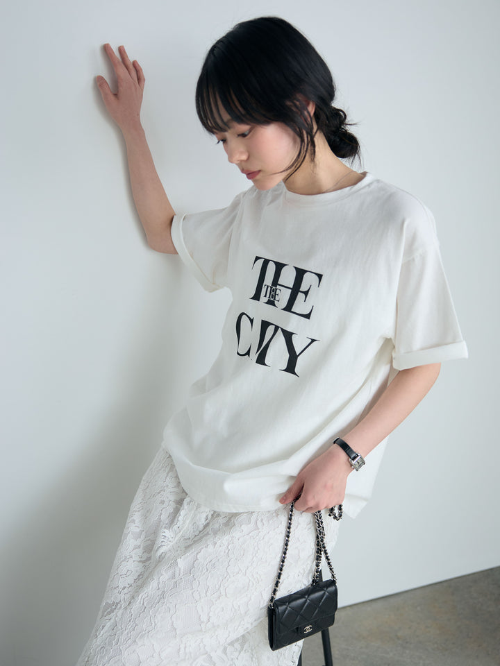 【SET】【cool touch】ロゴプリントコットンTシャツ+フラワージャガードソフトAラインスカート(2set)
