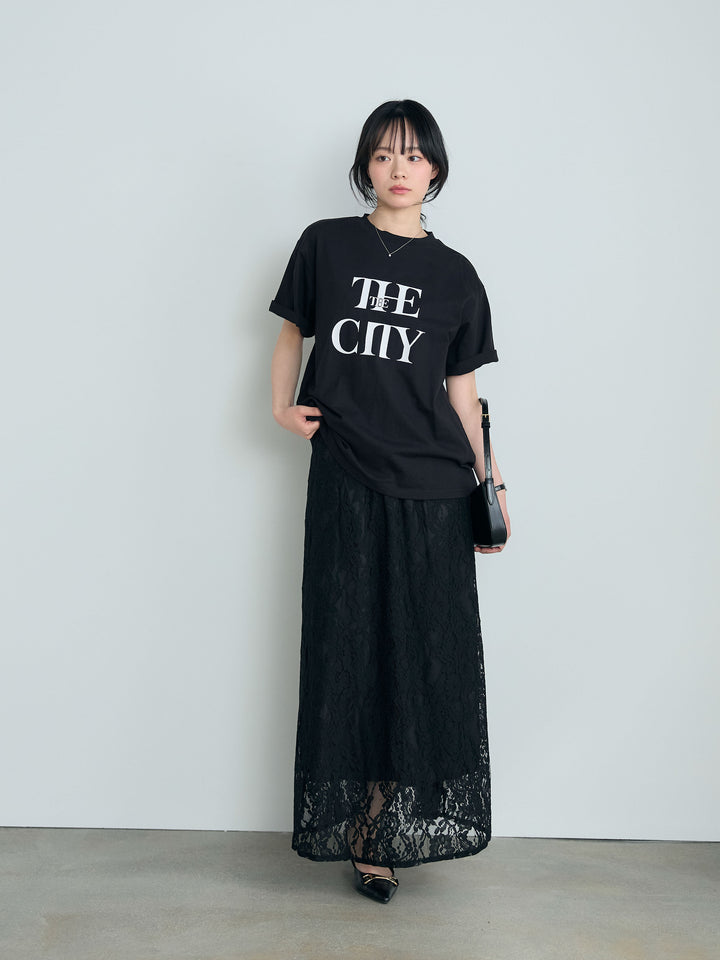 【SET】【cool touch】ロゴプリントコットンTシャツ+フラワージャガードソフトAラインスカート(2set)
