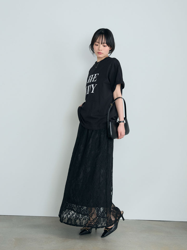 【SET】【cool touch】ロゴプリントコットンTシャツ+フラワージャガードソフトAラインスカート(2set)