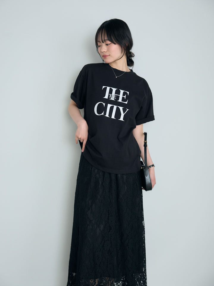【SET】【cool touch】ロゴプリントコットンTシャツ+フラワージャガードソフトAラインスカート(2set)
