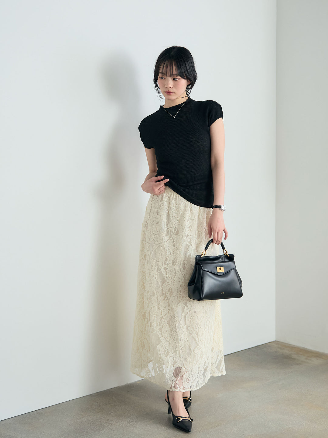 【SET】プチハイネックフレンチスリーブカットソー+フラワージャガードソフトAラインスカート(2set)