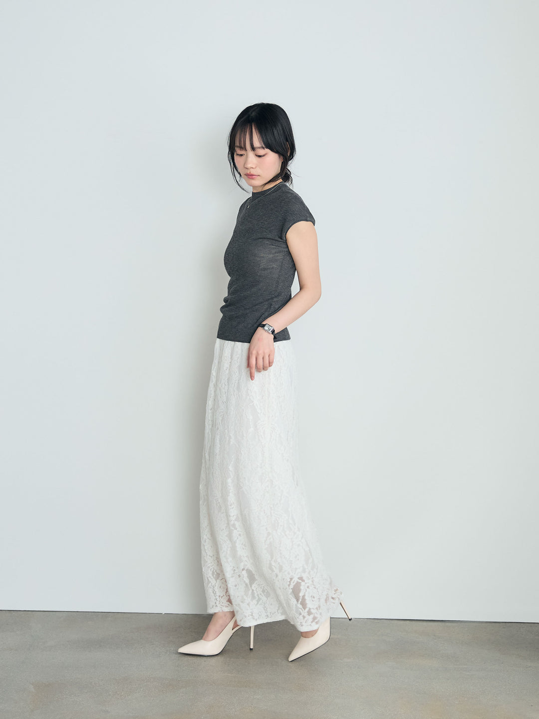 【SET】プチハイネックフレンチスリーブカットソー+フラワージャガードソフトAラインスカート(2set)