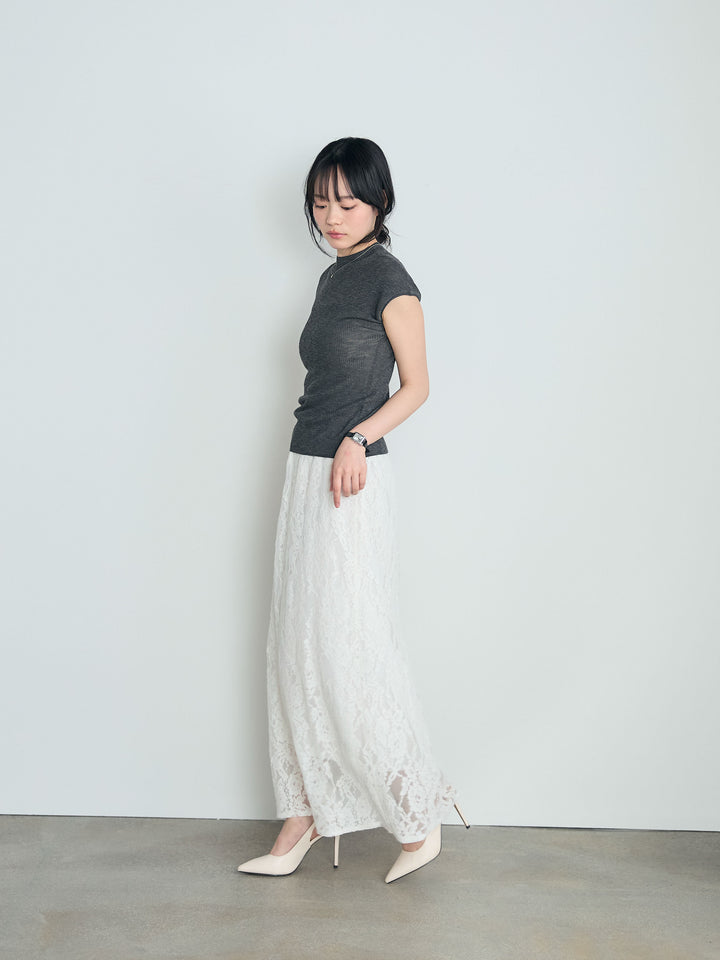 【SET】プチハイネックフレンチスリーブカットソー+フラワージャガードソフトAラインスカート(2set)