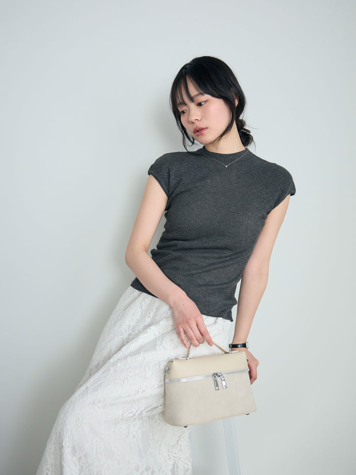 【SET】プチハイネックフレンチスリーブカットソー+フラワージャガードソフトAラインスカート(2set)