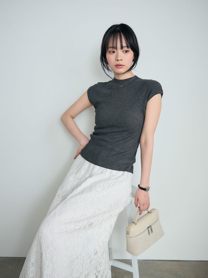 【SET】プチハイネックフレンチスリーブカットソー+フラワージャガードソフトAラインスカート(2set)
