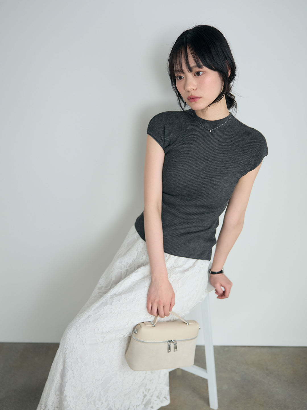 【SET】プチハイネックフレンチスリーブカットソー+フラワージャガードソフトAラインスカート(2set)