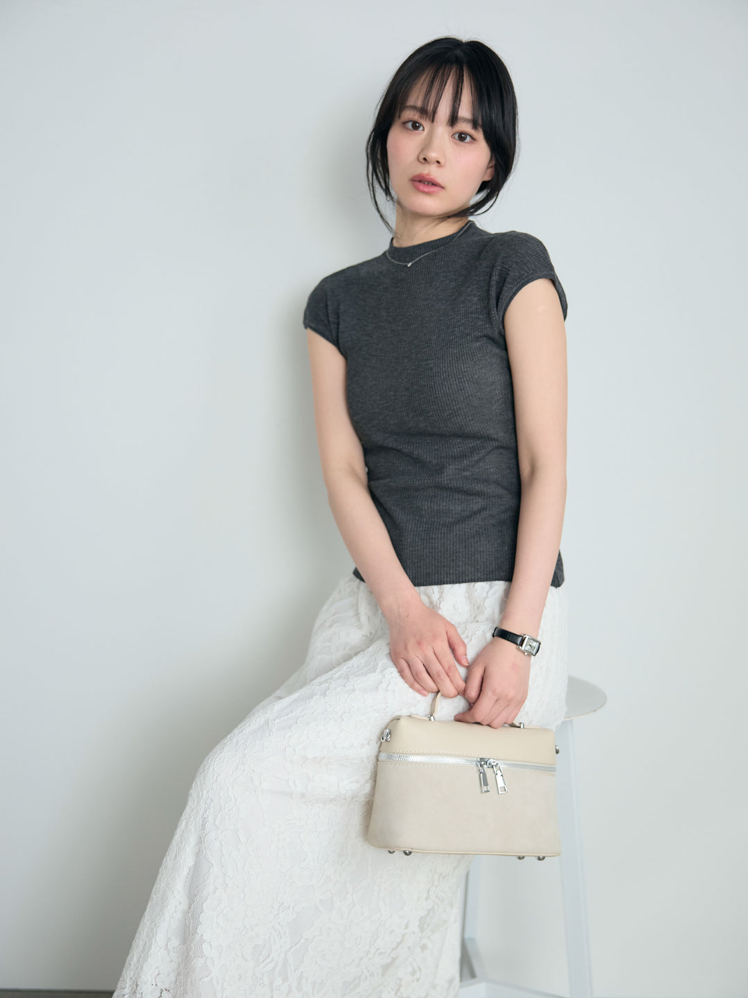 【SET】プチハイネックフレンチスリーブカットソー+フラワージャガードソフトAラインスカート(2set)