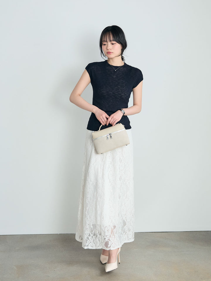 【SET】プチハイネックフレンチスリーブカットソー+フラワージャガードソフトAラインスカート(2set)