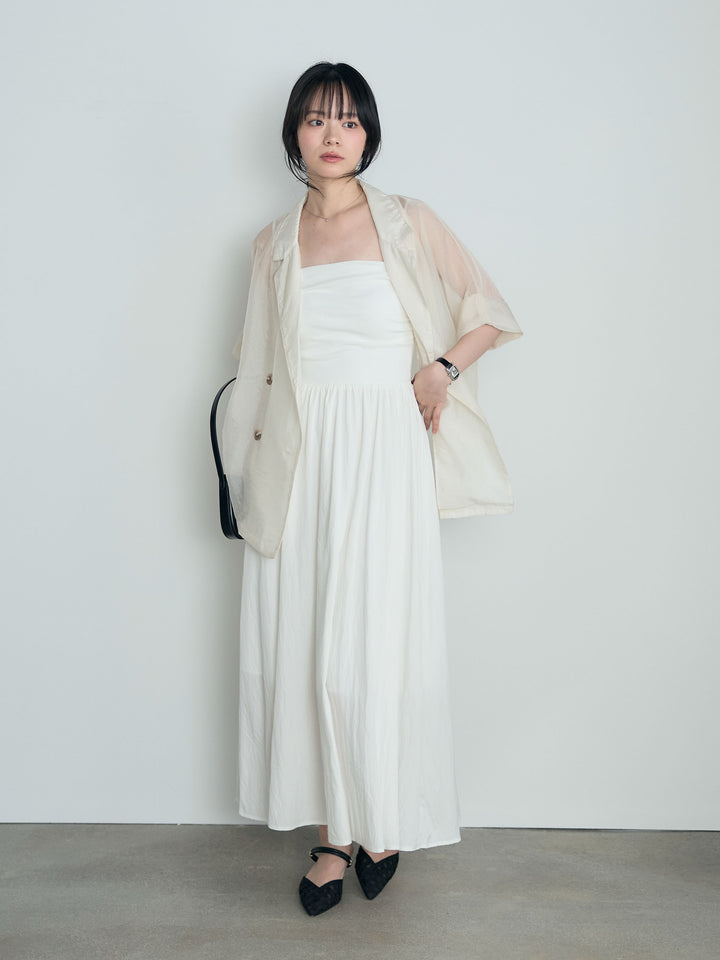 【SET】シアーハーフスリーブダブルジャケット+カップ付きリブドッキングフレアキャミワンピース(2set)