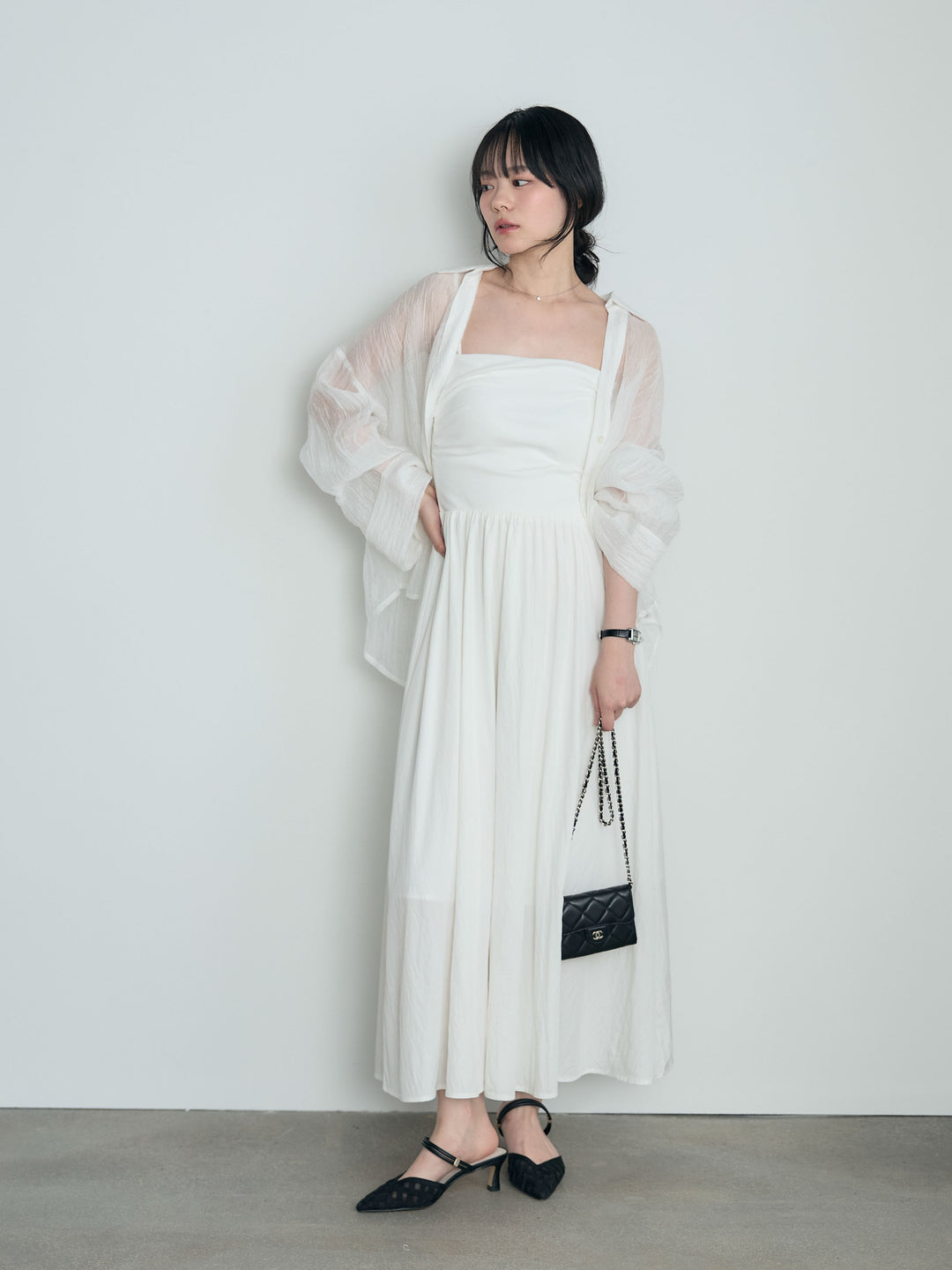 【SET】スキッパーシワ加工シアーシャツ+カップ付きリブドッキングフレアキャミワンピース(2set)