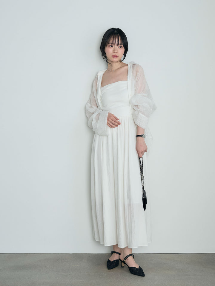 【SET】スキッパーシワ加工シアーシャツ+カップ付きリブドッキングフレアキャミワンピース(2set)
