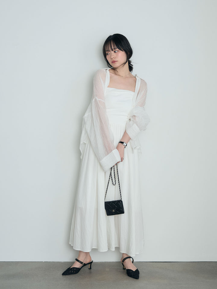 【SET】スキッパーシワ加工シアーシャツ+カップ付きリブドッキングフレアキャミワンピース(2set)