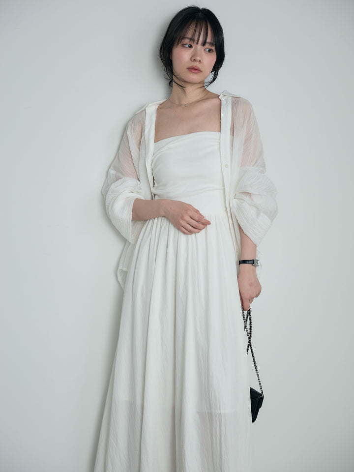 【SET】スキッパーシワ加工シアーシャツ+カップ付きリブドッキングフレアキャミワンピース(2set)