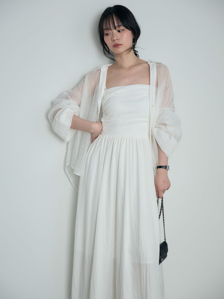 【SET】スキッパーシワ加工シアーシャツ+カップ付きリブドッキングフレアキャミワンピース(2set)