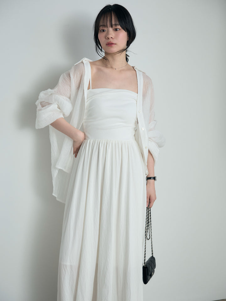 【SET】スキッパーシワ加工シアーシャツ+カップ付きリブドッキングフレアキャミワンピース(2set)