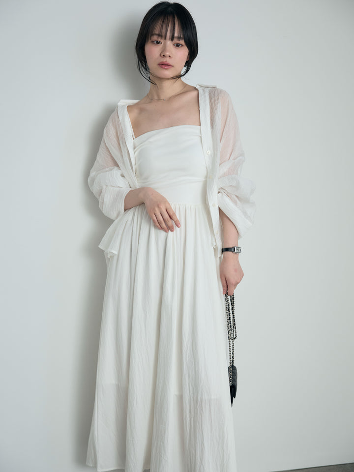 【SET】スキッパーシワ加工シアーシャツ+カップ付きリブドッキングフレアキャミワンピース(2set)