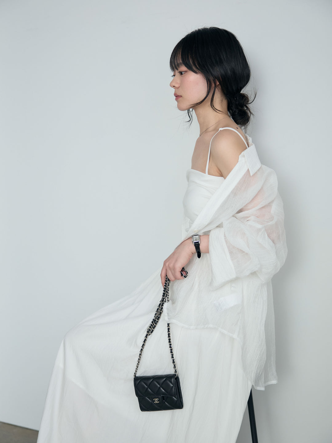 【SET】スキッパーシワ加工シアーシャツ+カップ付きリブドッキングフレアキャミワンピース(2set)