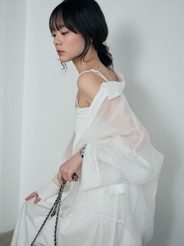 【SET】スキッパーシワ加工シアーシャツ+カップ付きリブドッキングフレアキャミワンピース(2set)