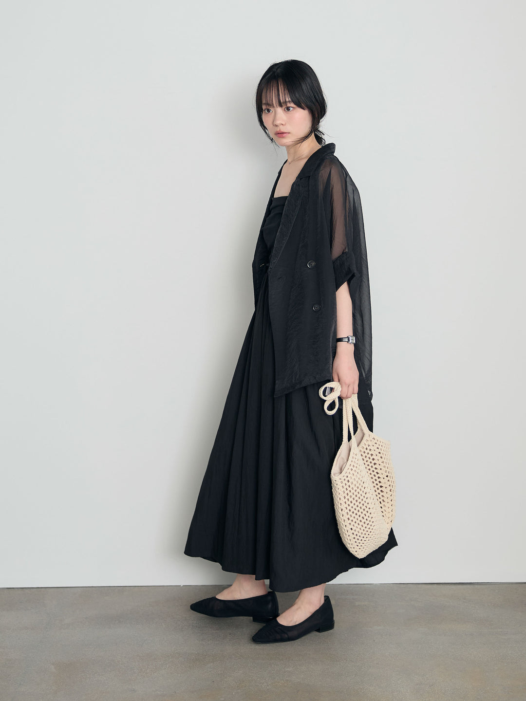 【SET】シアーハーフスリーブダブルジャケット+カップ付きリブドッキングフレアキャミワンピース(2set)