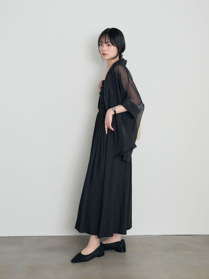 【SET】シアーハーフスリーブダブルジャケット+カップ付きリブドッキングフレアキャミワンピース(2set)