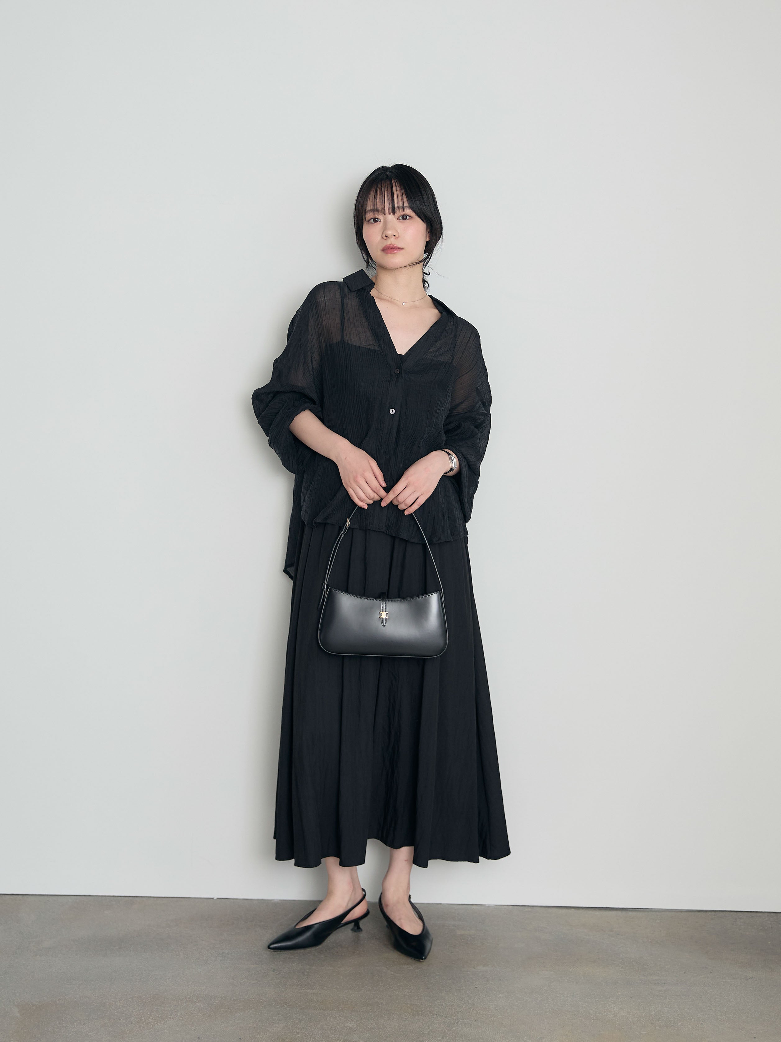 SET】スキッパーシワ加工シアーシャツ+カップ付きリブドッキングフレア