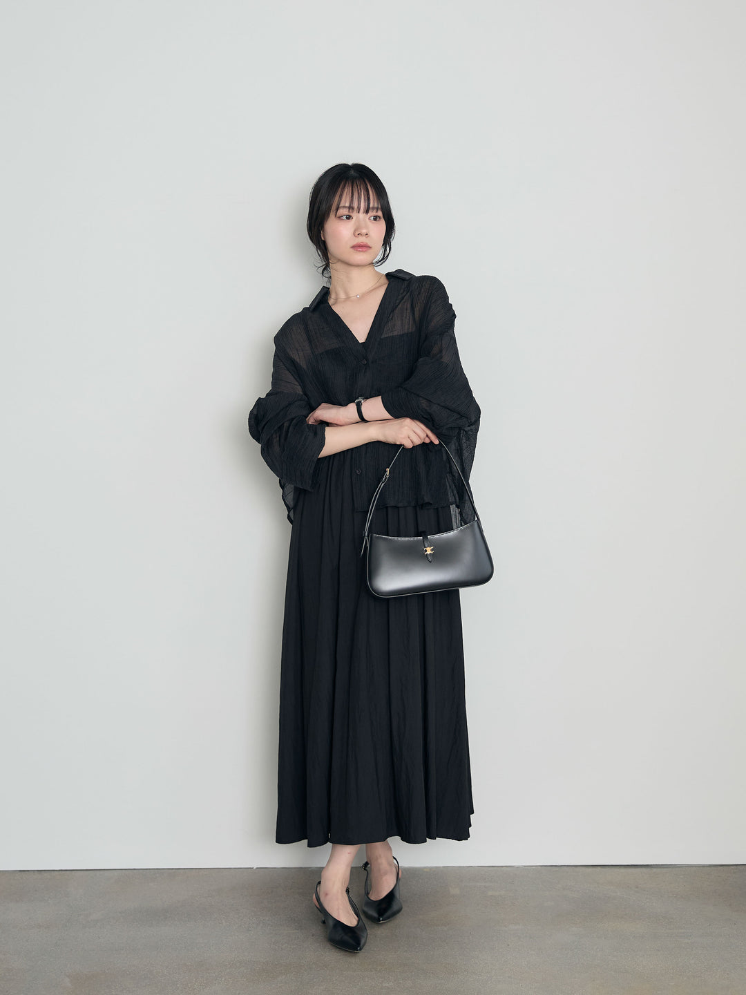 【SET】スキッパーシワ加工シアーシャツ+カップ付きリブドッキングフレアキャミワンピース(2set)
