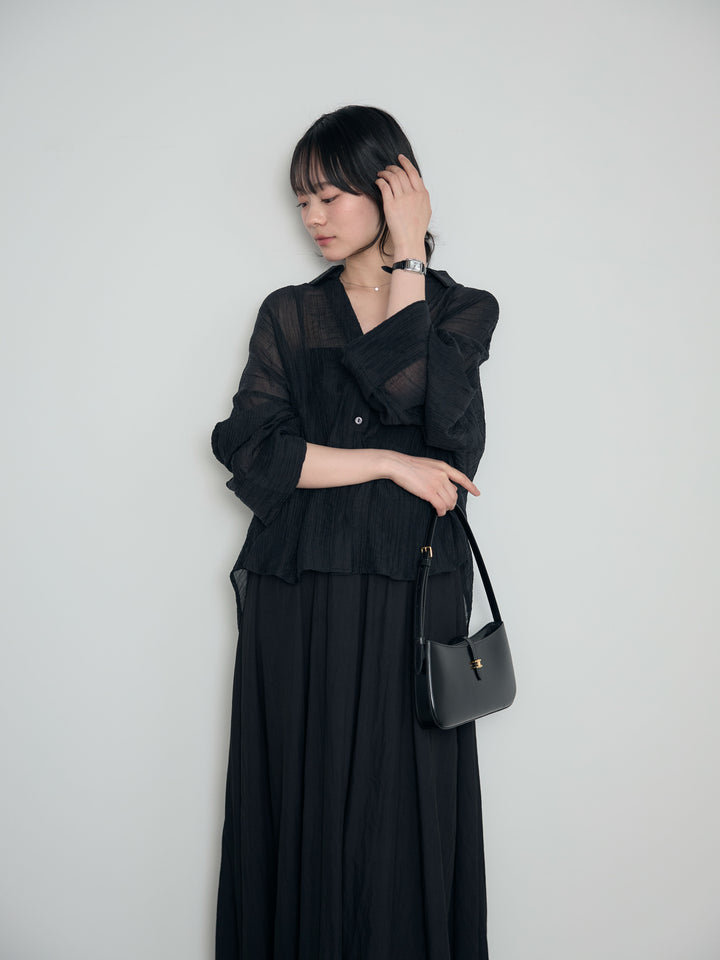 【SET】スキッパーシワ加工シアーシャツ+カップ付きリブドッキングフレアキャミワンピース(2set)
