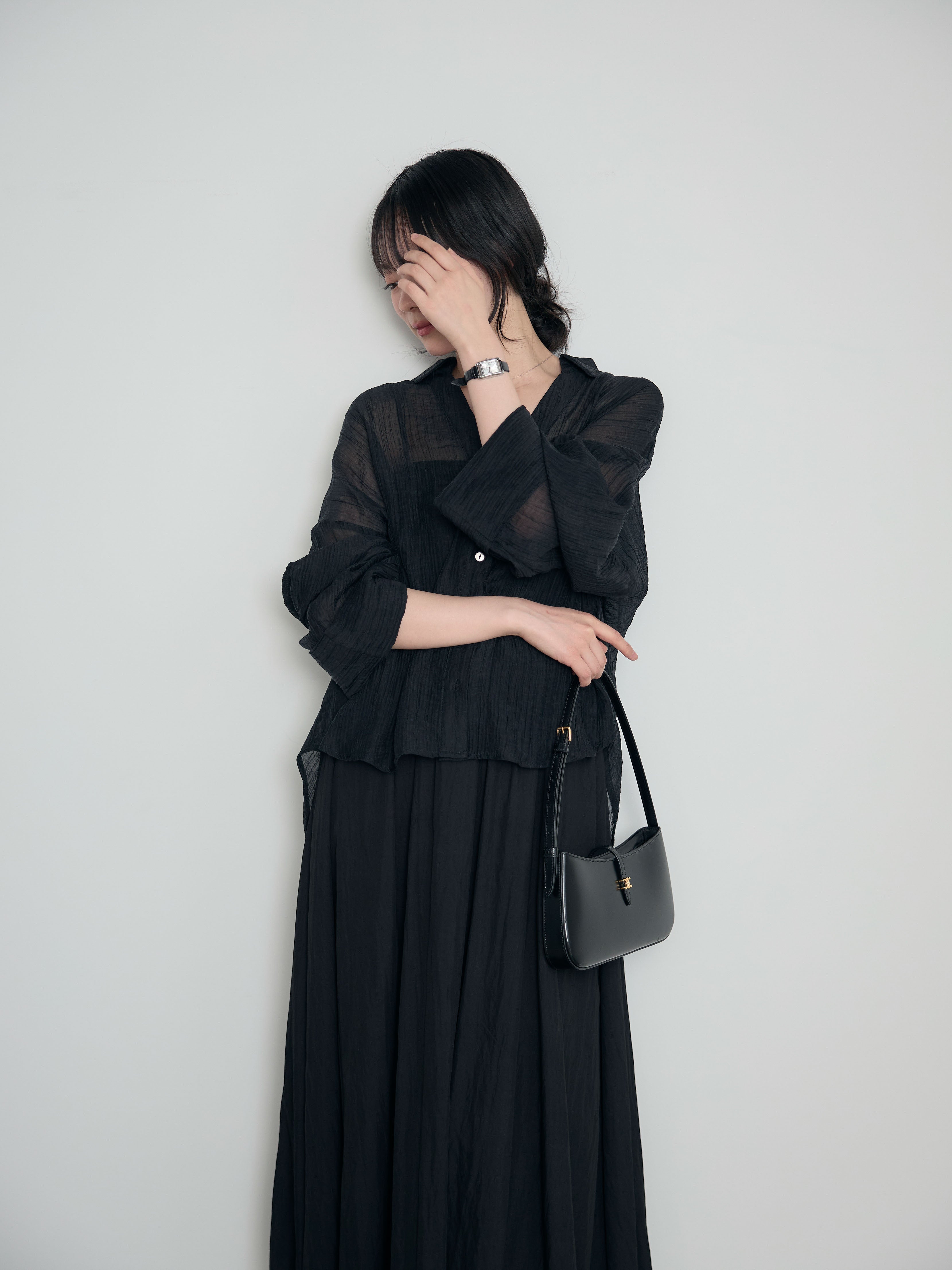 SET】スキッパーシワ加工シアーシャツ+カップ付きリブドッキングフレア