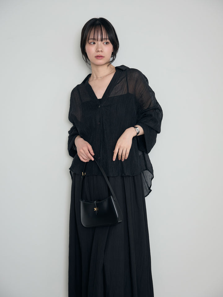 【SET】スキッパーシワ加工シアーシャツ+カップ付きリブドッキングフレアキャミワンピース(2set)