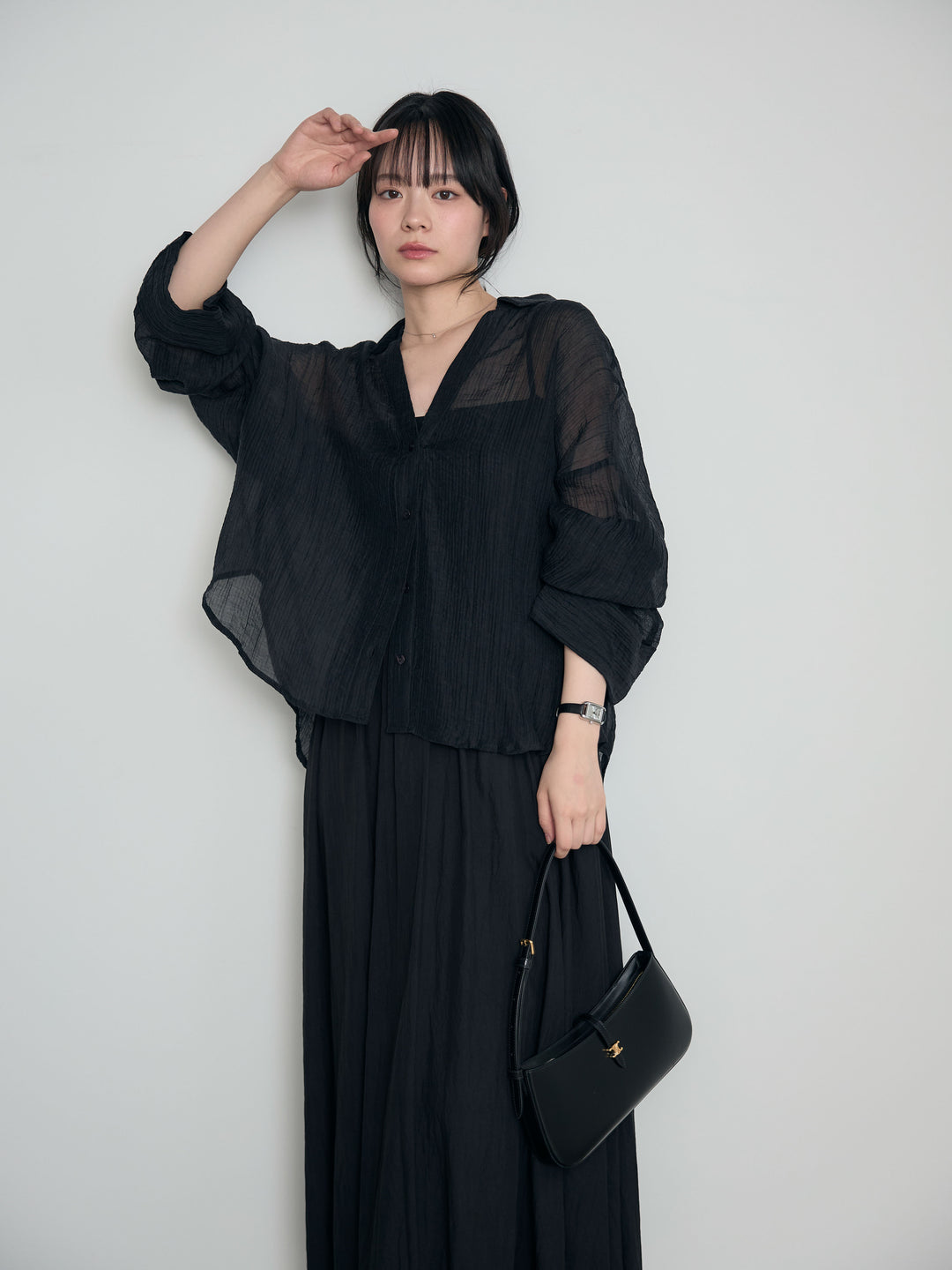 【SET】スキッパーシワ加工シアーシャツ+カップ付きリブドッキングフレアキャミワンピース(2set)