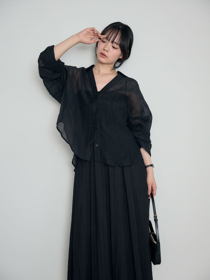 【SET】スキッパーシワ加工シアーシャツ+カップ付きリブドッキングフレアキャミワンピース(2set)