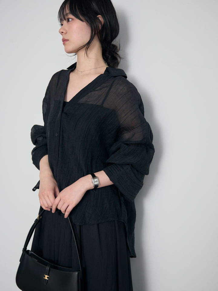 【SET】スキッパーシワ加工シアーシャツ+カップ付きリブドッキングフレアキャミワンピース(2set)