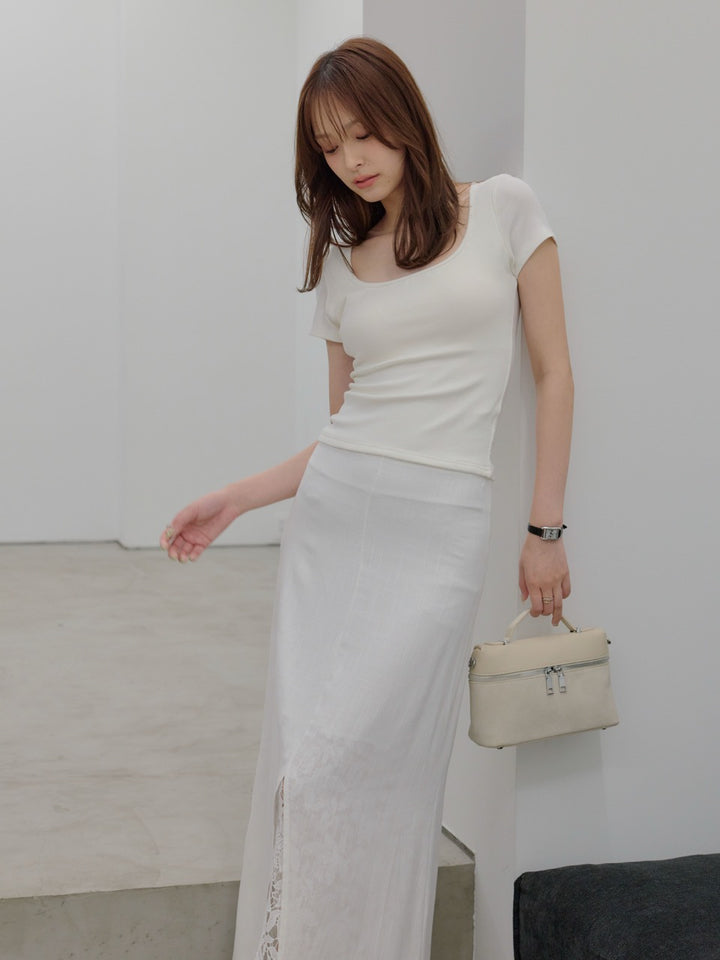 【SET】カップ付きスクエアネックTシャツ+フロントスリットレースドッキングローウエストスカート(2set)