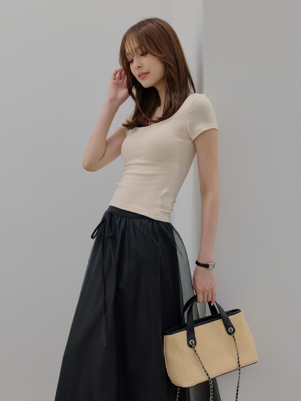 【SET】カップ付きスクエアネックTシャツ+カップ付きスクエアネックTシャツ(2set)